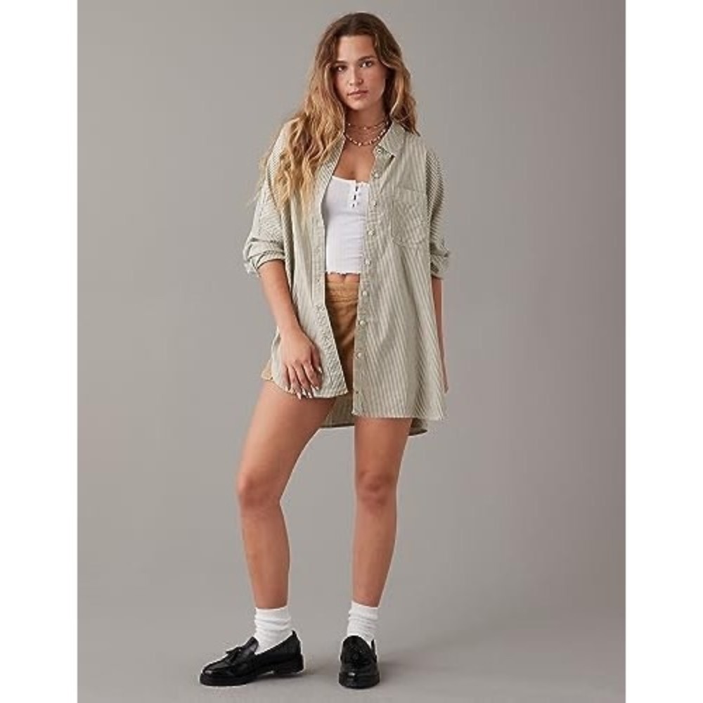 American Eagle Button Down Women XL Green Excellent Striped Oversized Fit Shirt